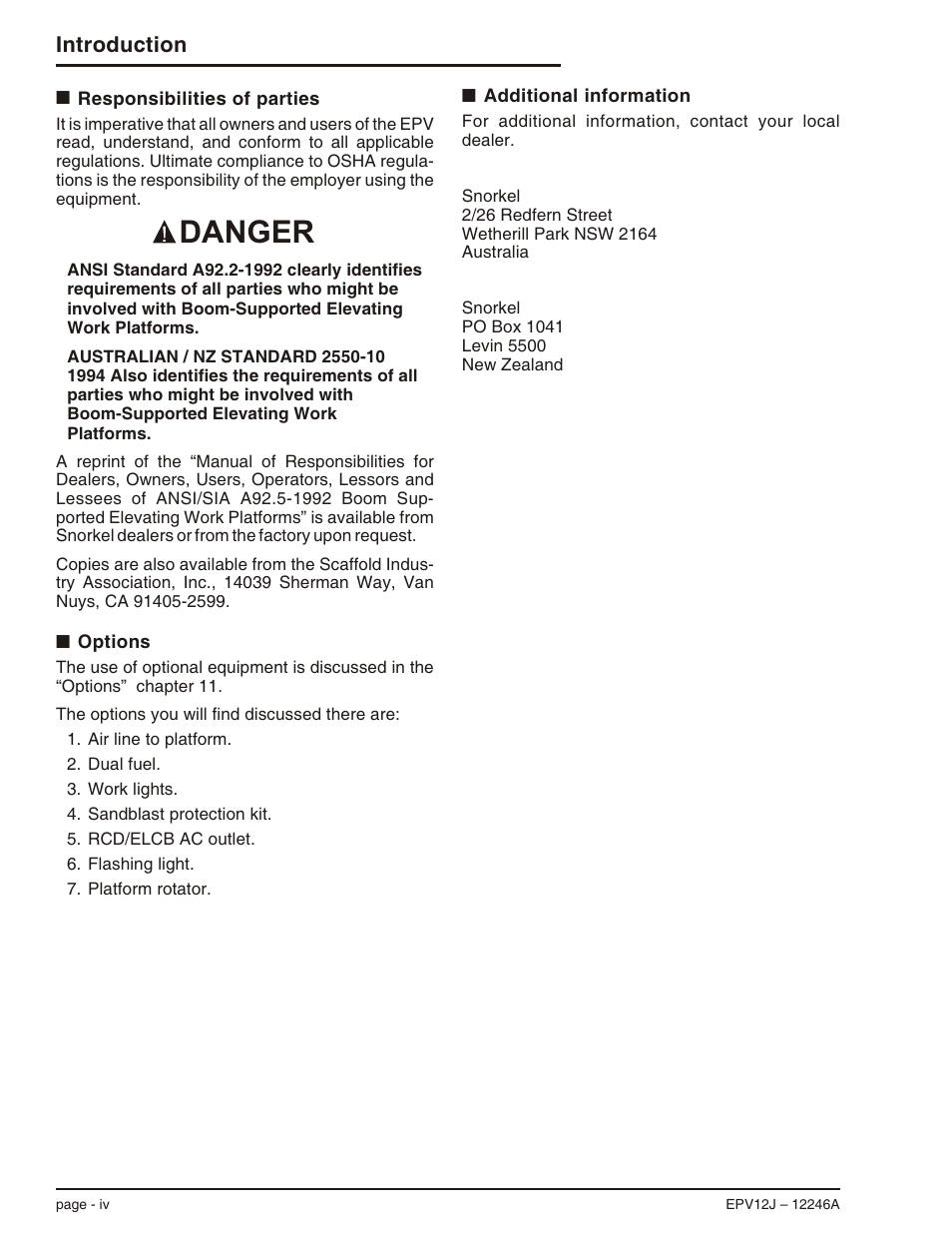 Responsibilities of parties iv, Options iv, Additional information iv | Danger, Introduction | Snorkel EPV12J User Manual | Page 6 / 65