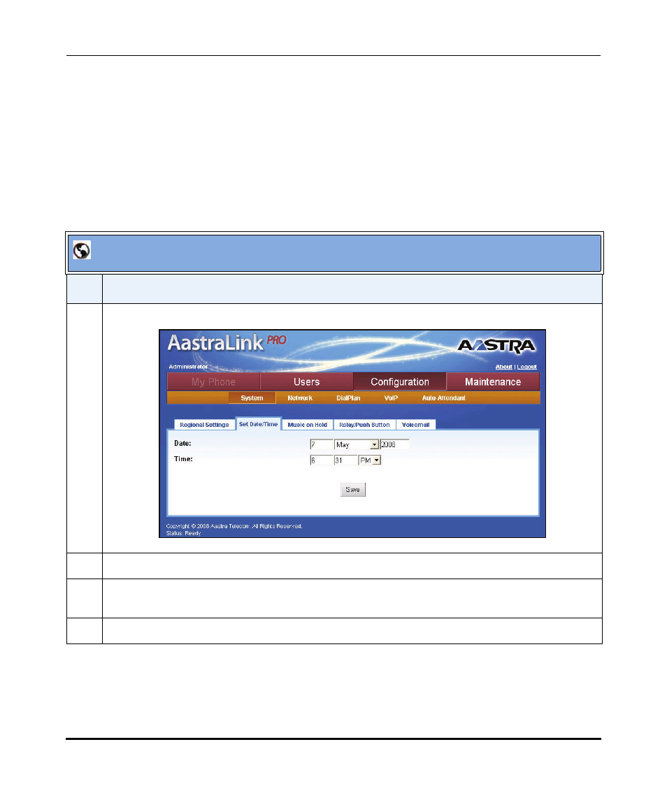 Specifying the date and time, Aastralink web ui | Aastra Telecom AastraLink Pro 160 User Manual | Page 120 / 360
