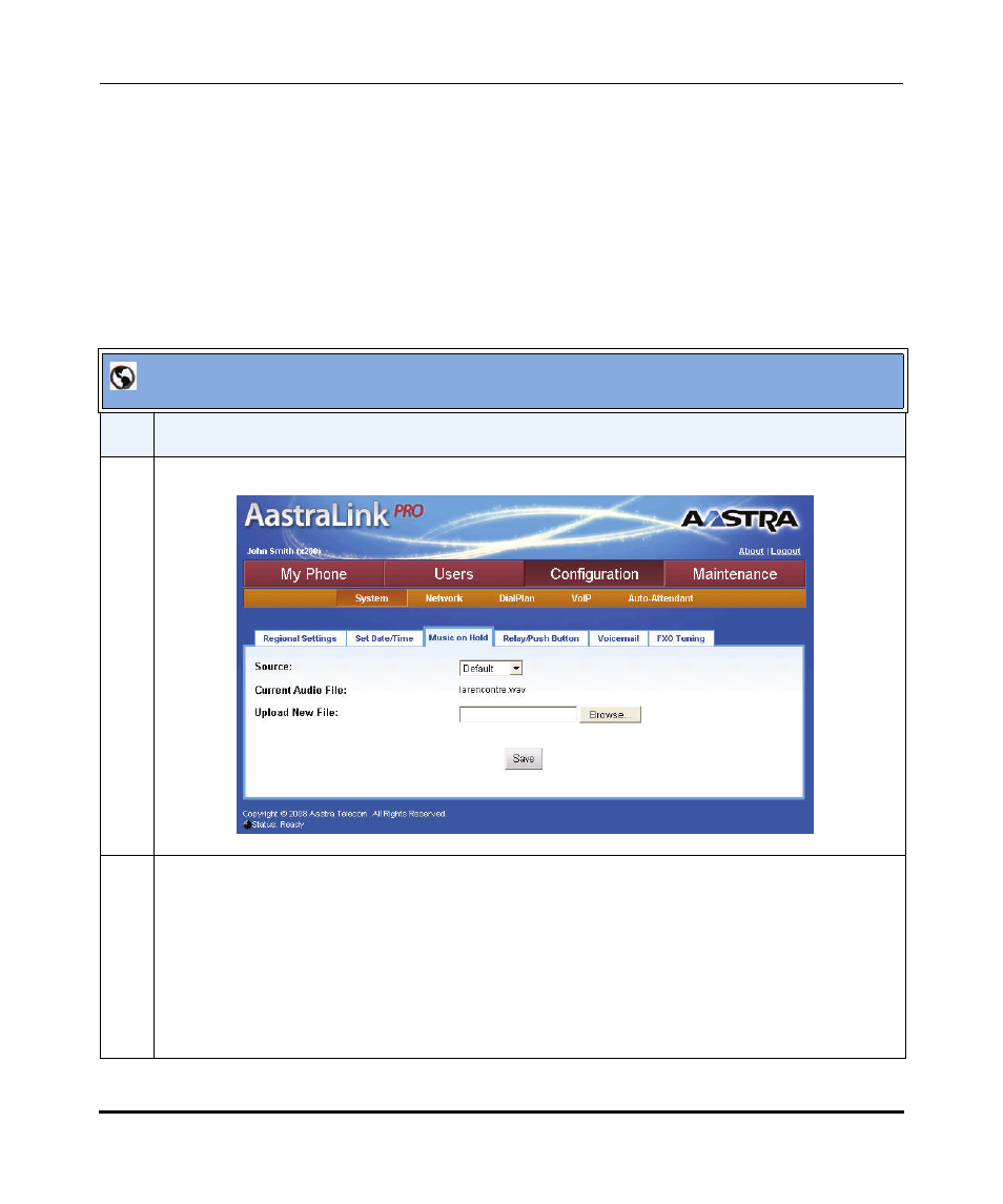 Configuring the music on hold option, Aastralink web ui | Aastra Telecom AastraLink Pro 160 User Manual | Page 121 / 360