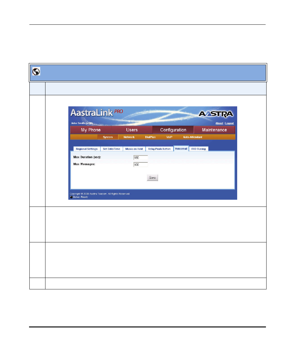 Configuring visual voicemail settings, Aastralink web ui | Aastra Telecom AastraLink Pro 160 User Manual | Page 125 / 360
