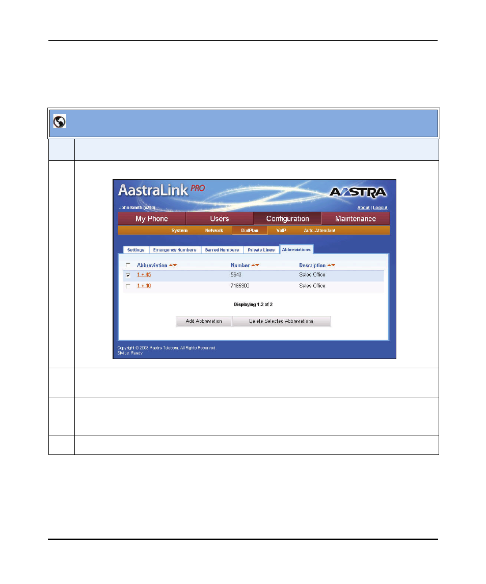Deleting abbreviated numbers, Aastralink web ui | Aastra Telecom AastraLink Pro 160 User Manual | Page 183 / 360