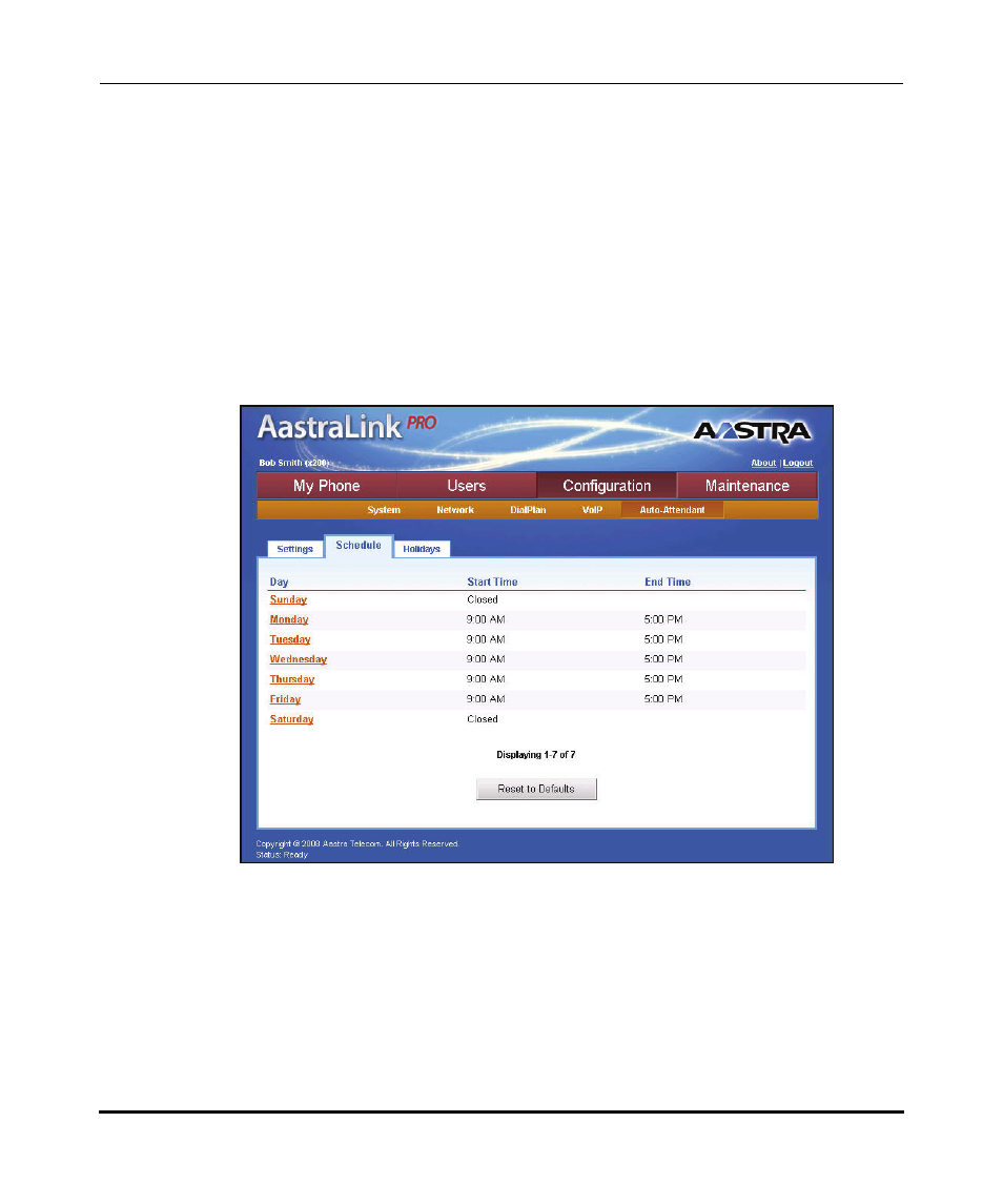 Schedule for the auto-attendant | Aastra Telecom AastraLink Pro 160 User Manual | Page 236 / 360