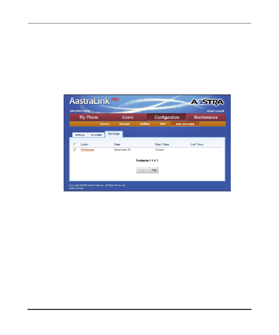 Holidays for the auto-attendant | Aastra Telecom AastraLink Pro 160 User Manual | Page 240 / 360