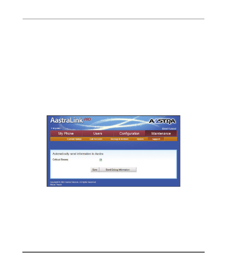 Support information, Send email to aastra support with debug reports | Aastra Telecom AastraLink Pro 160 User Manual | Page 269 / 360
