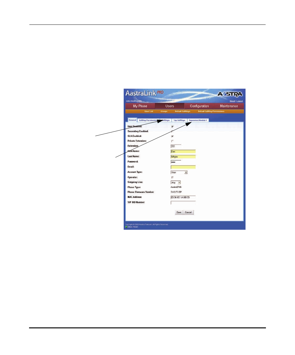 Configuring a user’s keys on the, Phone or expansion module in the user account | Aastra Telecom AastraLink Pro 160 User Manual | Page 64 / 360