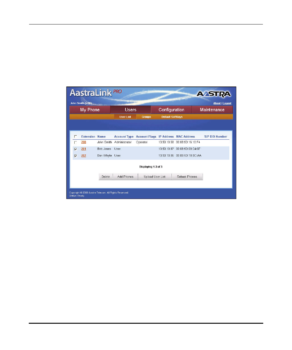 Deleting a user account | Aastra Telecom AastraLink Pro 160 User Manual | Page 71 / 360