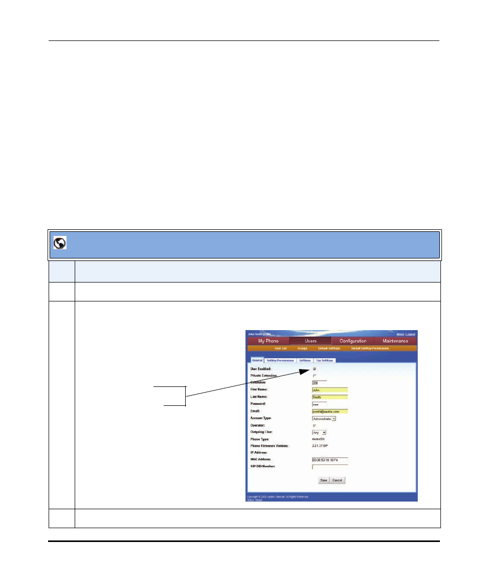Enabling/disabling user accounts, Enabling/disabling user, Accounts | Aastralink web ui | Aastra Telecom AastraLink Pro 160 User Manual | Page 73 / 360