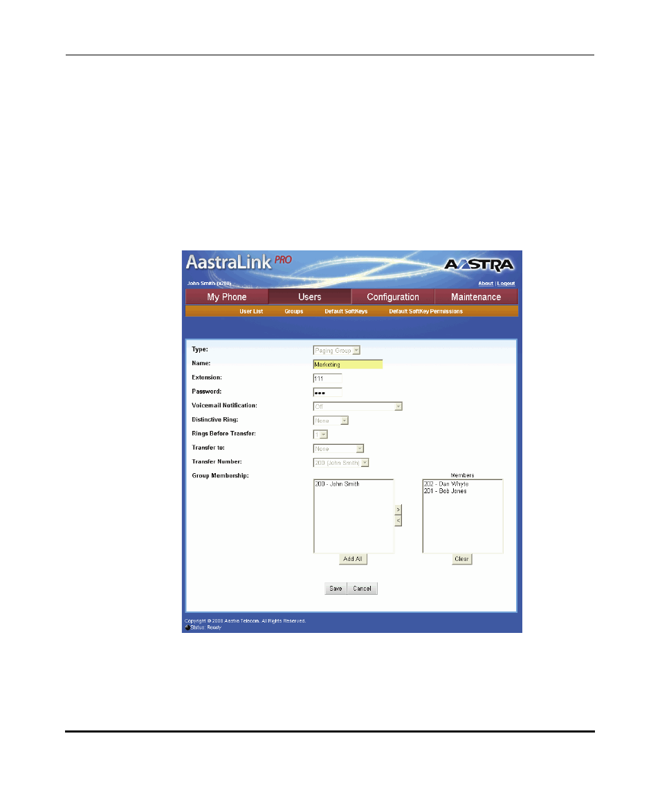 Example of a paging group | Aastra Telecom AastraLink Pro 160 User Manual | Page 92 / 360