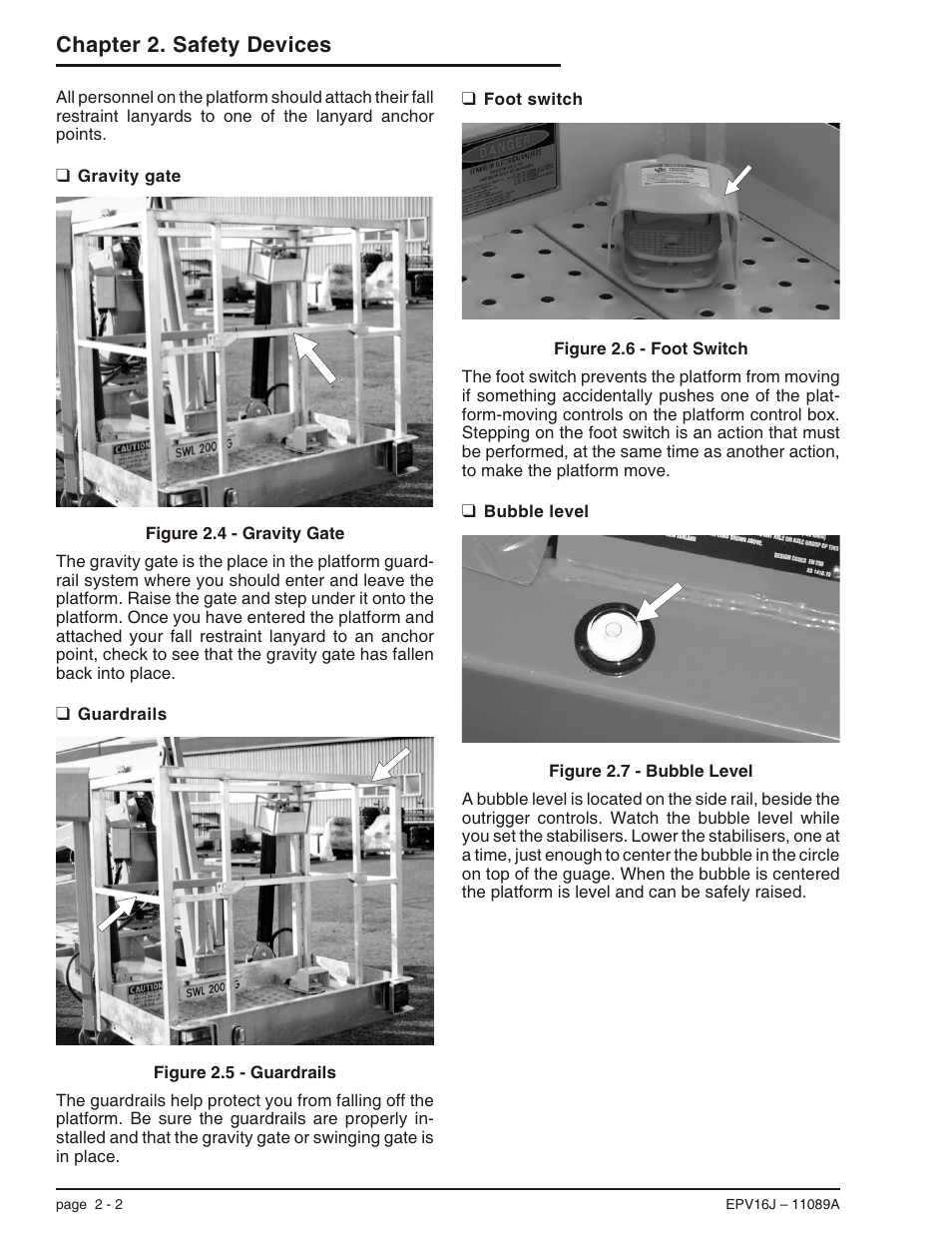 Gravity gate 2-2, Guardrails 2-2, Foot switch 2-2 | Bubble level 2-2, Bubble level, 2-2, Foot switch, 2-2, Gravity gate, 2-2, Guardrails, 2-2, Chapter 2. safety devices | Snorkel EPV16J User Manual | Page 18 / 61