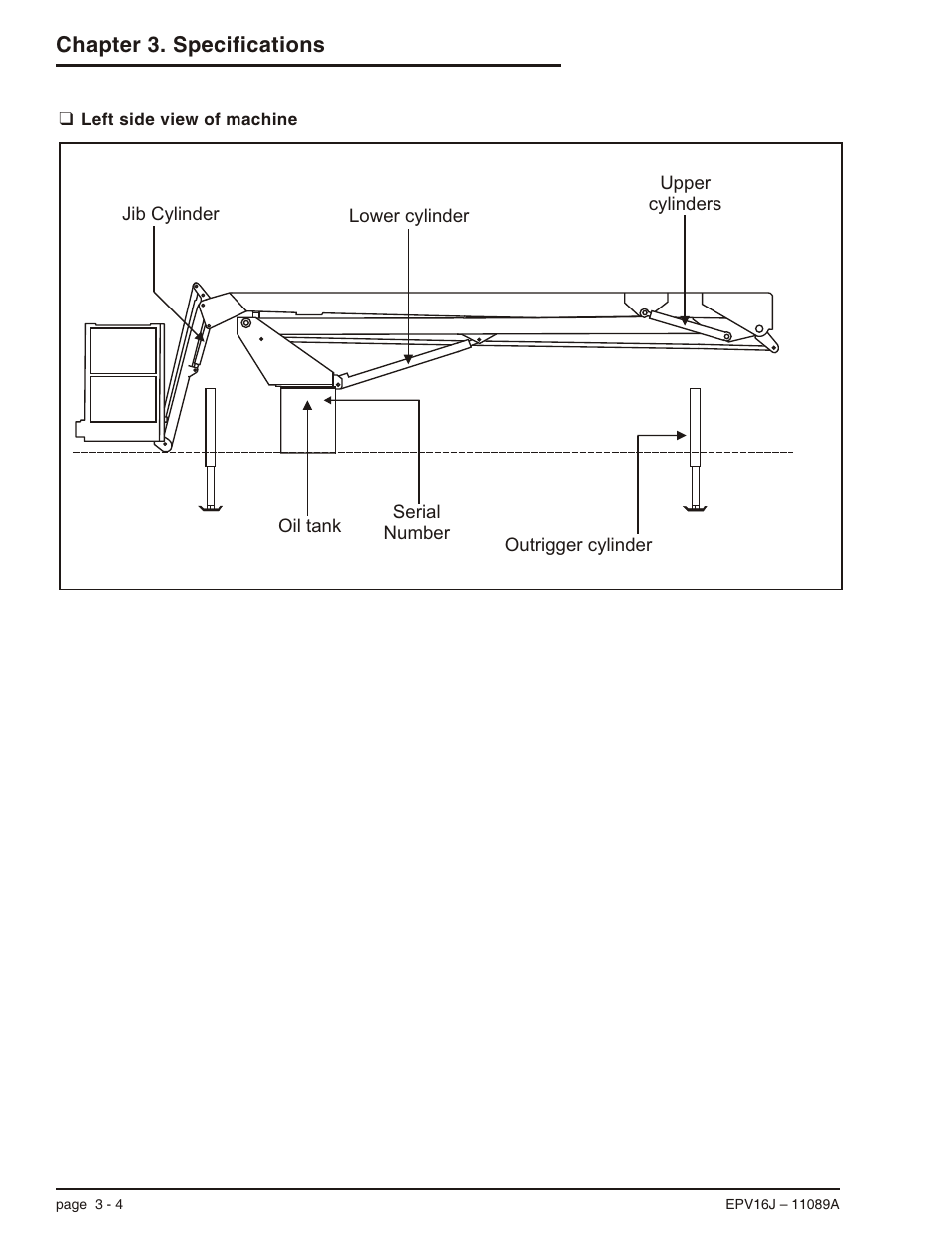 Left side view of machine 3-4, Left side view of machine, 3-4, Left side view of machine -4 | Chapter 3. specifications | Snorkel EPV16J User Manual | Page 24 / 61