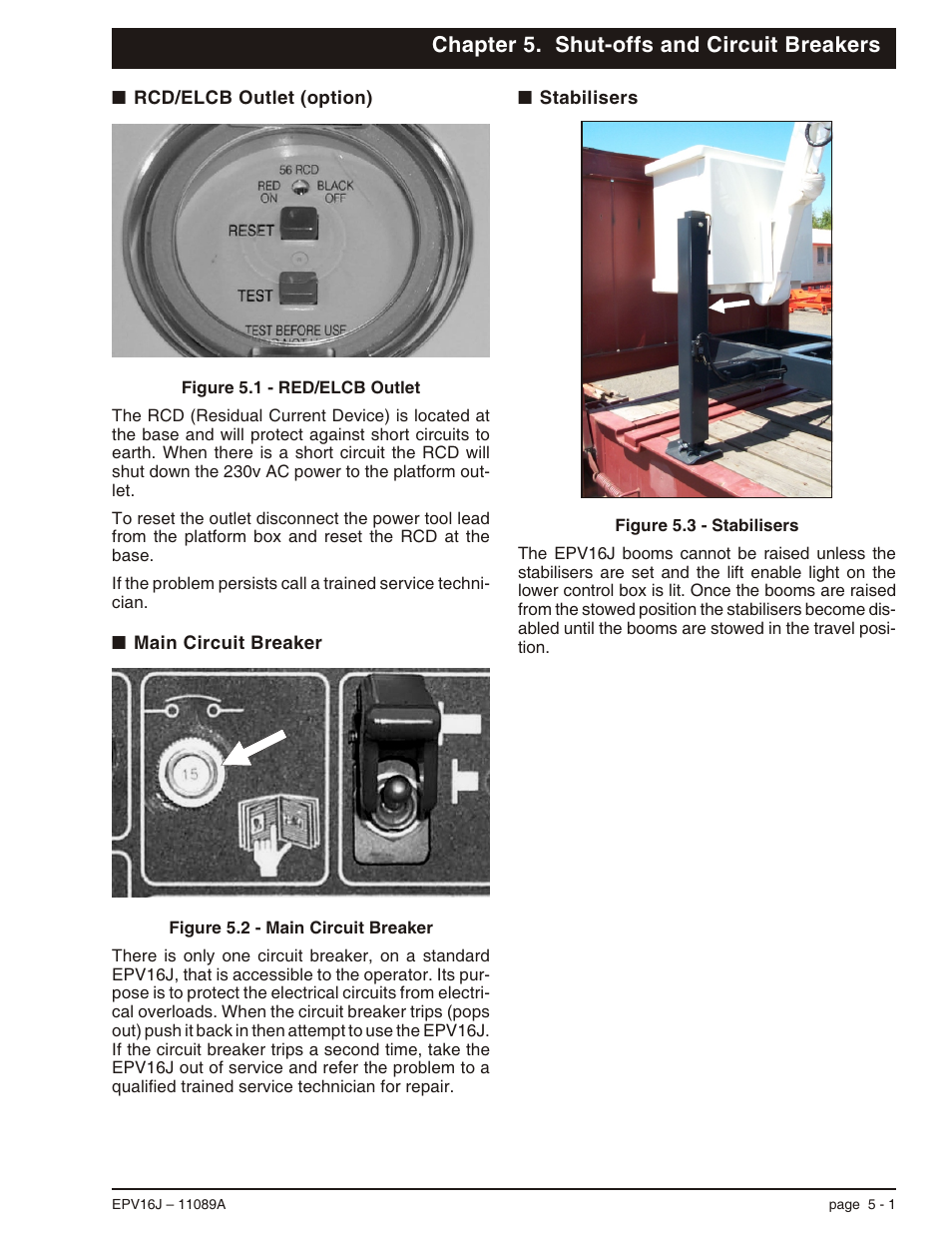 Chapter 5. shut-offs and circuit breakers, Rcd/elcb outlet (option) 5-1, Main circuit breaker 5-1 | Stabilisers 5-1, Main circuit breaker, 5-1, Stabilisers, 5-1, Rcd/elcb outlet (option), 5-1 | Snorkel EPV16J User Manual | Page 27 / 61