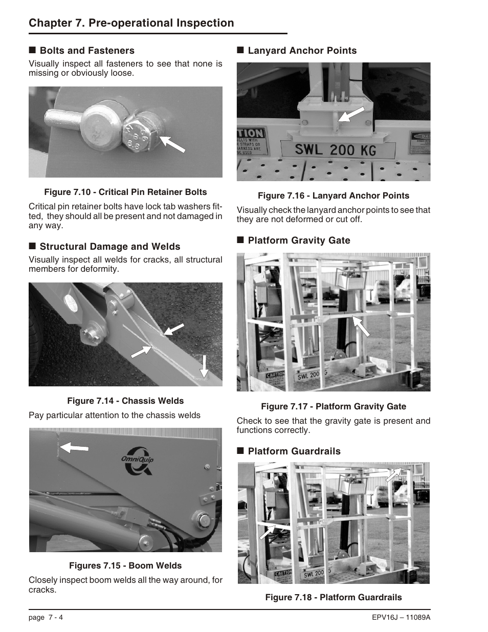 Bolts and fasteners 7-4, Structural damage and welds 7-4, Lanyard anchor points 7-4 | Platform gravity gate 7-4, Platform guardrails 7-4, Bolts and fasteners, 7-4, Lanyard anchor points, 7-4, Structural damage and welds, 7-4, Boom welds, 7-4, Chapter 7. pre-operational inspection | Snorkel EPV16J User Manual | Page 38 / 61