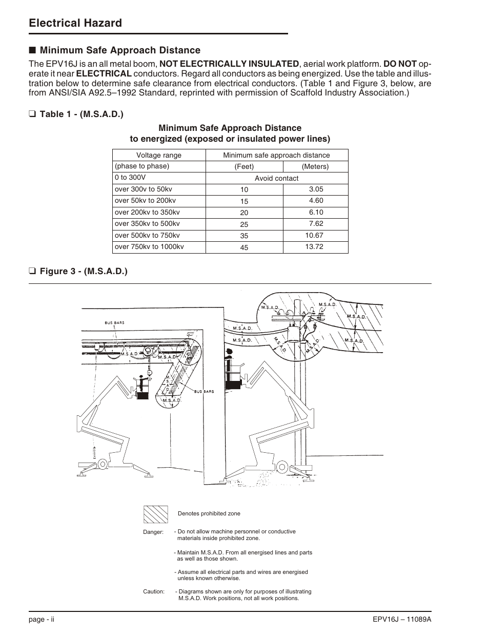 Minimum safe approach distance ii, Table 1 - (m.s.a.d.) ii, Figure 3 - (m.s.a.d.) ii | Electrical hazard, Minimum safe approach distance | Snorkel EPV16J User Manual | Page 4 / 61