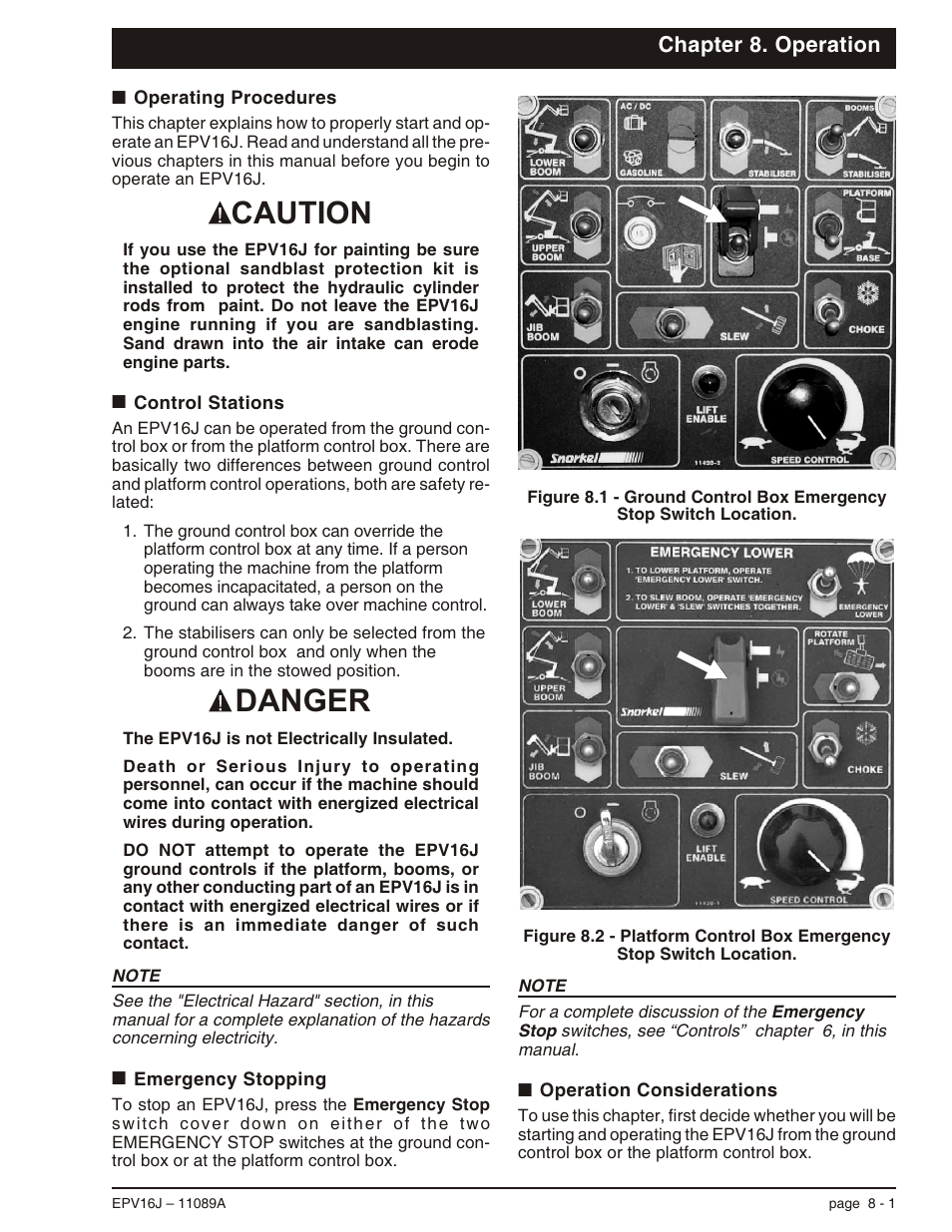 Chapter 8. operation, Operating procedures 8-1, Control stations 8-1 | Emergency stopping 8-1, Operation considerations 8-1, Operating procedures, 8-1, Control stations, 8-1, Emergency stopping, 8-1, Operation, 8-1, Sandblast protection kit, 8-1 | Snorkel EPV16J User Manual | Page 43 / 61