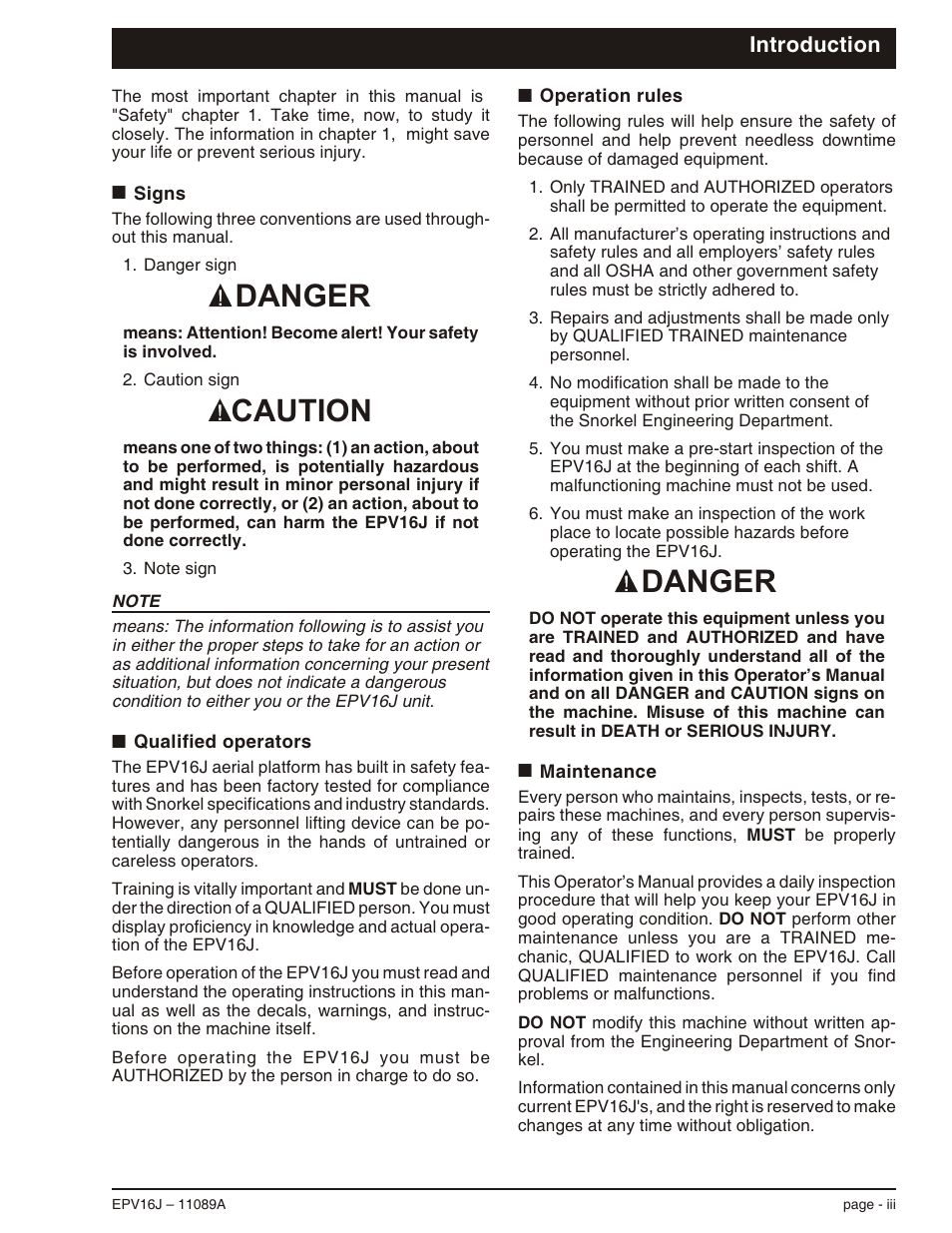 Introduction, Signs iii, Qualified operators iii | Operation rules iii, Maintenance iii, Danger caution danger | Snorkel EPV16J User Manual | Page 5 / 61
