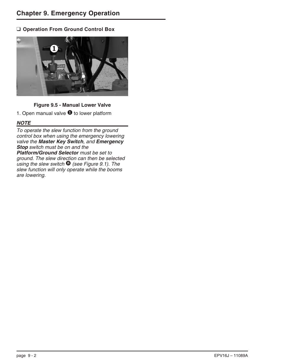 Operation from ground control box 9-2, Operation from ground control box, 9-2, Operation from ground control box -2 | Chapter 9. emergency operation | Snorkel EPV16J User Manual | Page 50 / 61