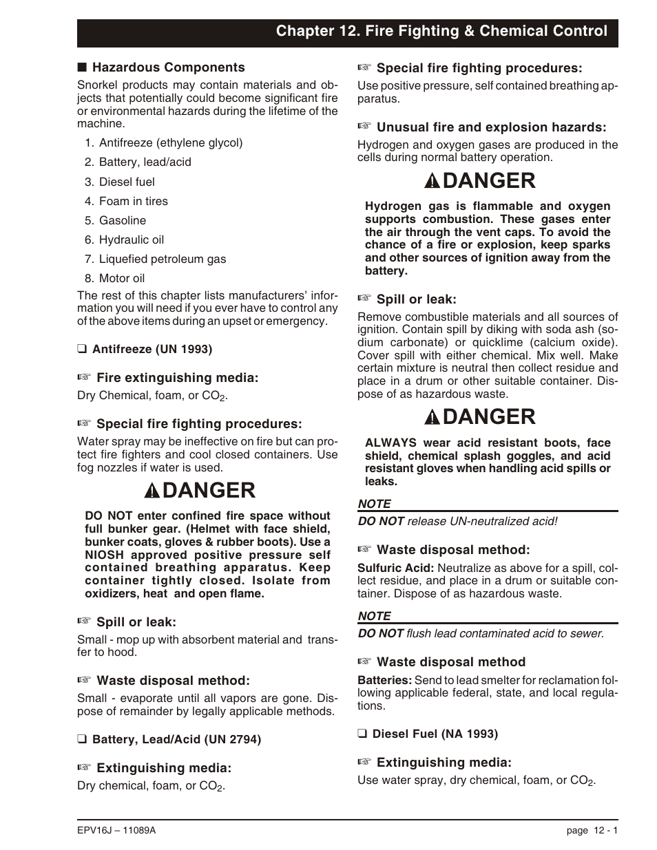 Chapter 12. fire fighting & chemical control, Hazardous components 12-1, Battery, lead/acid (un 2794) 12-1 | Hazardous components, 12-1, Battery, lead/acid (un 2794), 12-1, Hazardous components -1, Battery, lead/acid (un 2794) -1, Danger | Snorkel EPV16J User Manual | Page 54 / 61