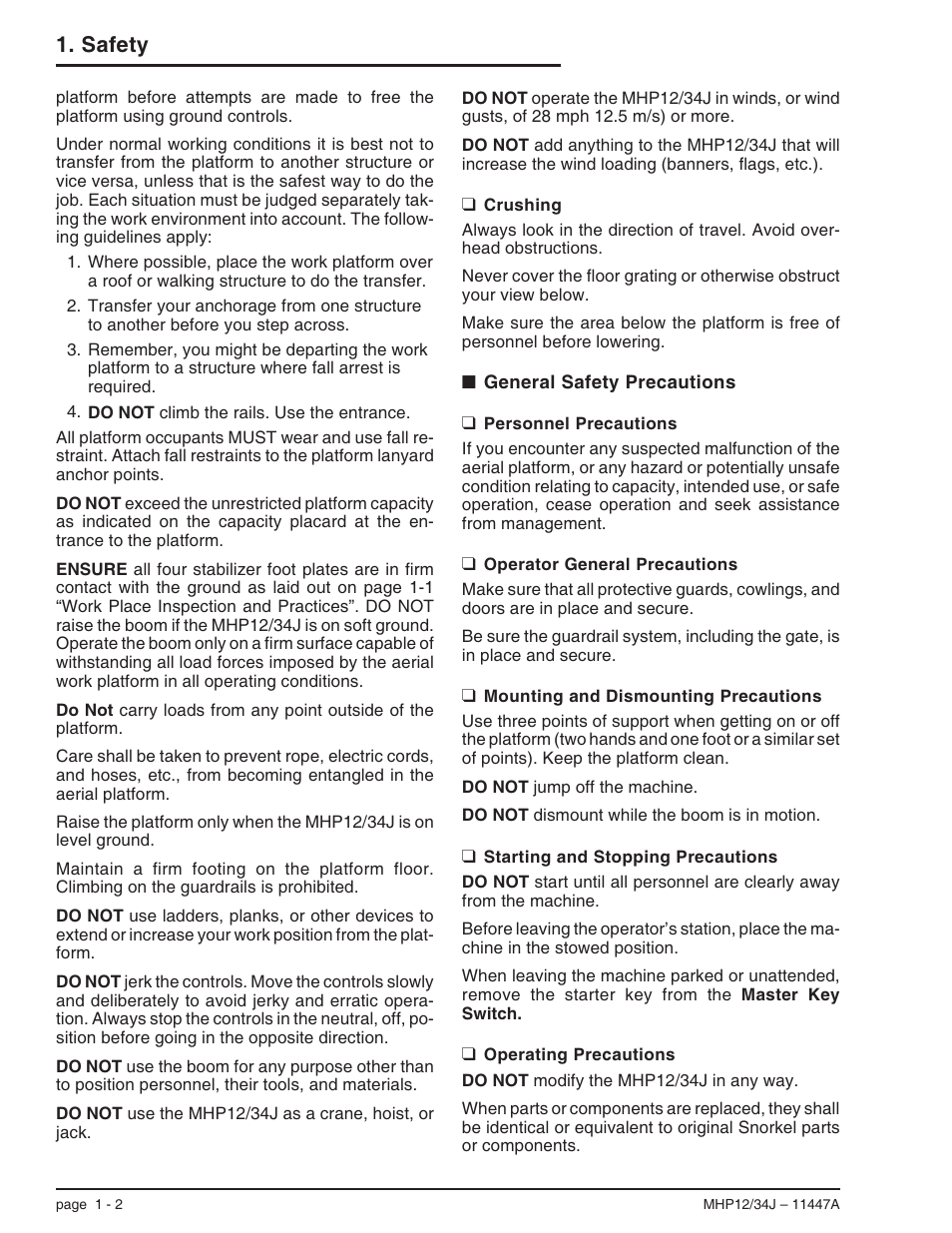 Crushing 1-2, General safety precautions 1-2, Personnel precautions 1-2 | Operator general precautions 1-2, Mounting and dismounting precautions 1-2, Starting and stopping precautions 1-2, Operating precautions 1-2, Crushing hazard, 1-2, Mounting and dismounting precautions, 1-2, Operating precautions, 1-2 | Snorkel MHP34J User Manual | Page 10 / 66