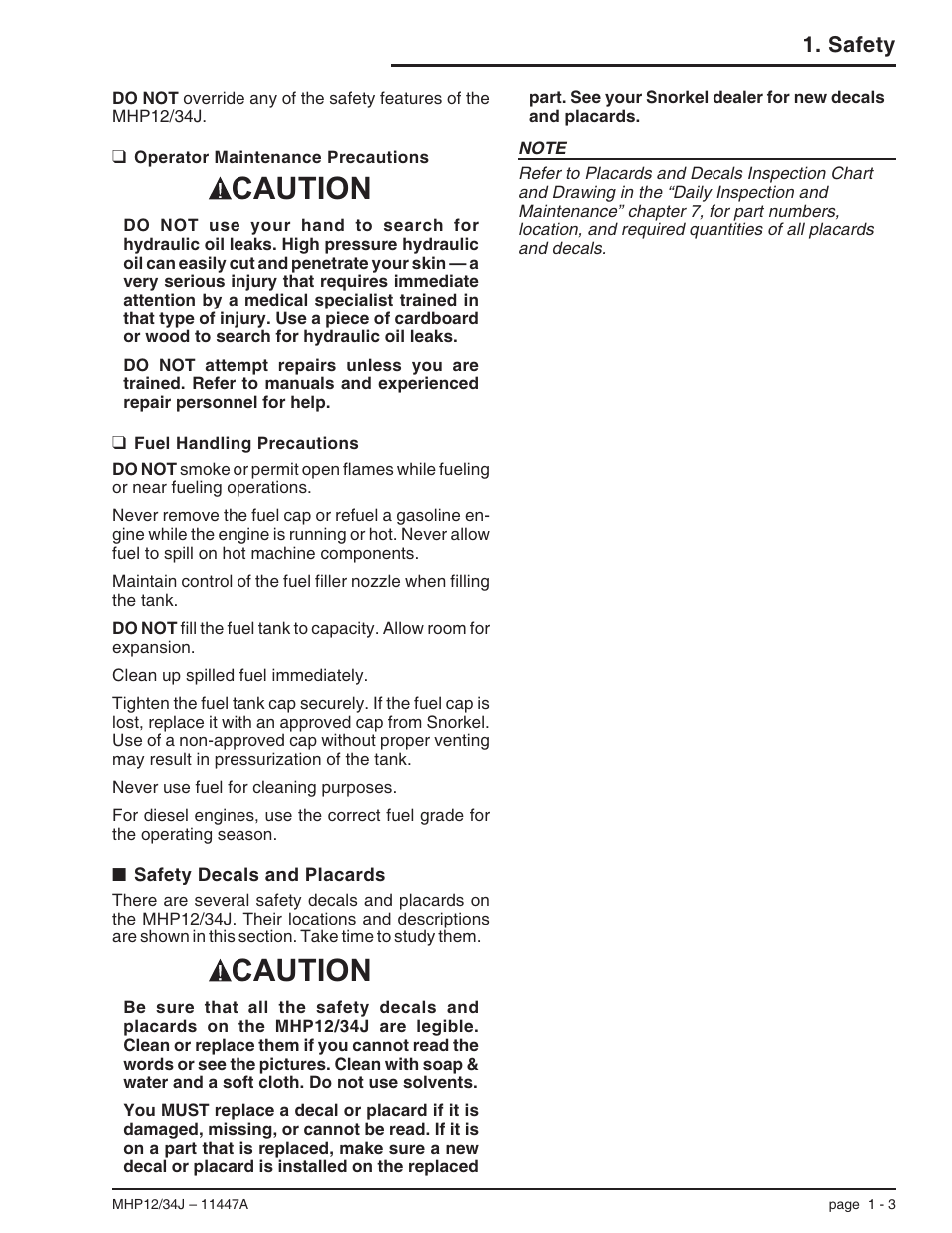Operator maintenance precautions 1-3, Fuel handling precautions 1-3, Safety decals and placards 1-3 | Safety decals and placards, 1-3, Fuel handling precautions, 1-3, Operator maintenance precautions, 1-3, Safety decals and placards -3, Caution | Snorkel MHP34J User Manual | Page 11 / 66