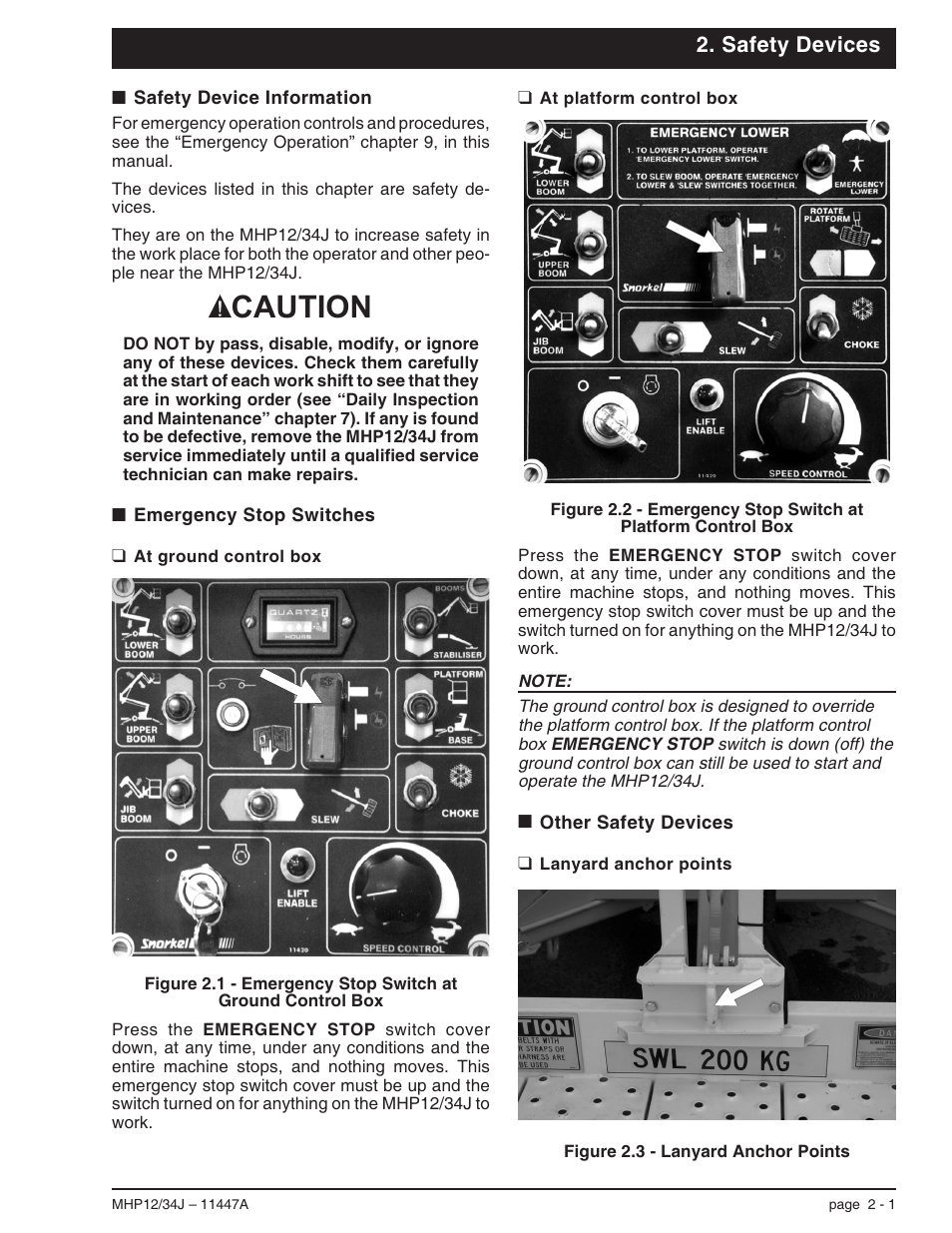 Safety devices, Safety device information 2-1, Emergency stop switches 2-1 | At ground control box 2-1, At platform control box 2-1, Other safety devices 2-1, Lanyard anchor points 2-1, Other safety devices, 2-1, Emergency stop switches, 2-1, Lanyard anchor points, 2-1 | Snorkel MHP34J User Manual | Page 17 / 66