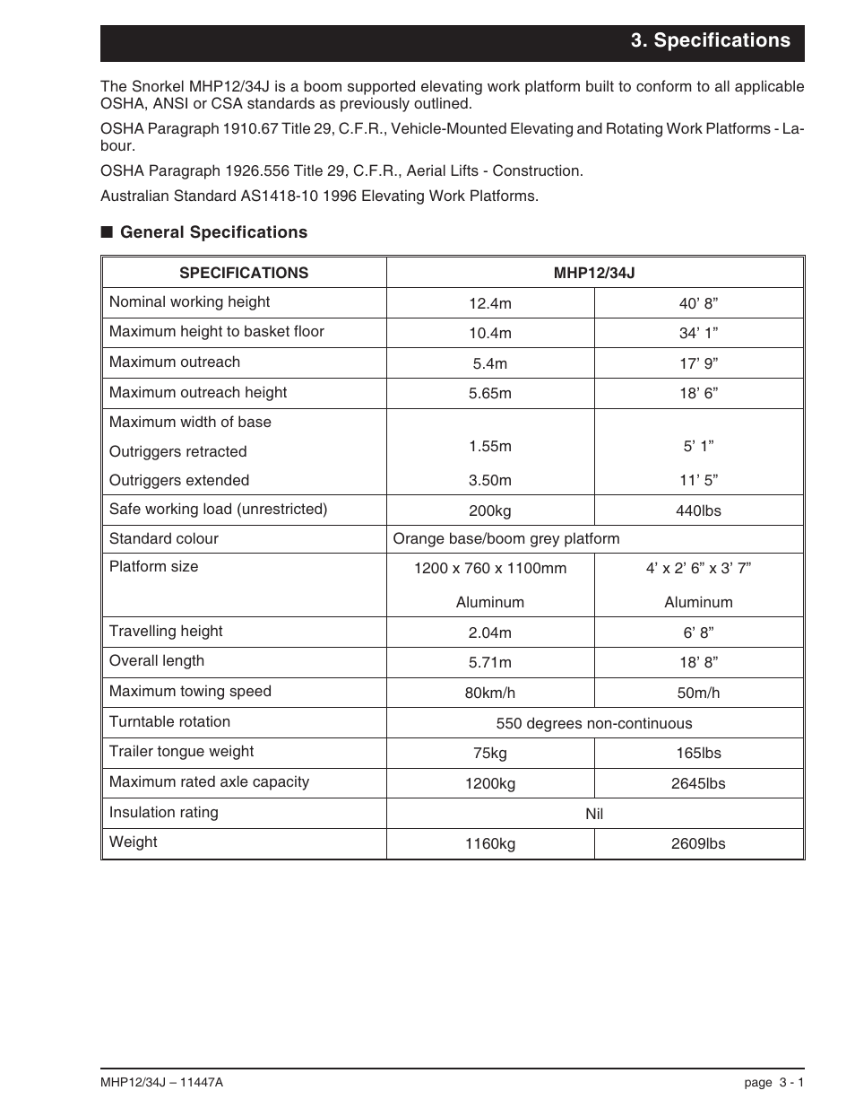 Specifications, General specifications 3-1, General specifications, 3-1 | Insulation rating, 3-1, Maximum height to basket floor, 3-1, Maximum outreach, 3-1, Maximum outreach height, 3-1, Maximum rated axle capacity, 3-1, Maximum towing speed, 3-1, Outriggers extended, 3-1 | Snorkel MHP34J User Manual | Page 21 / 66