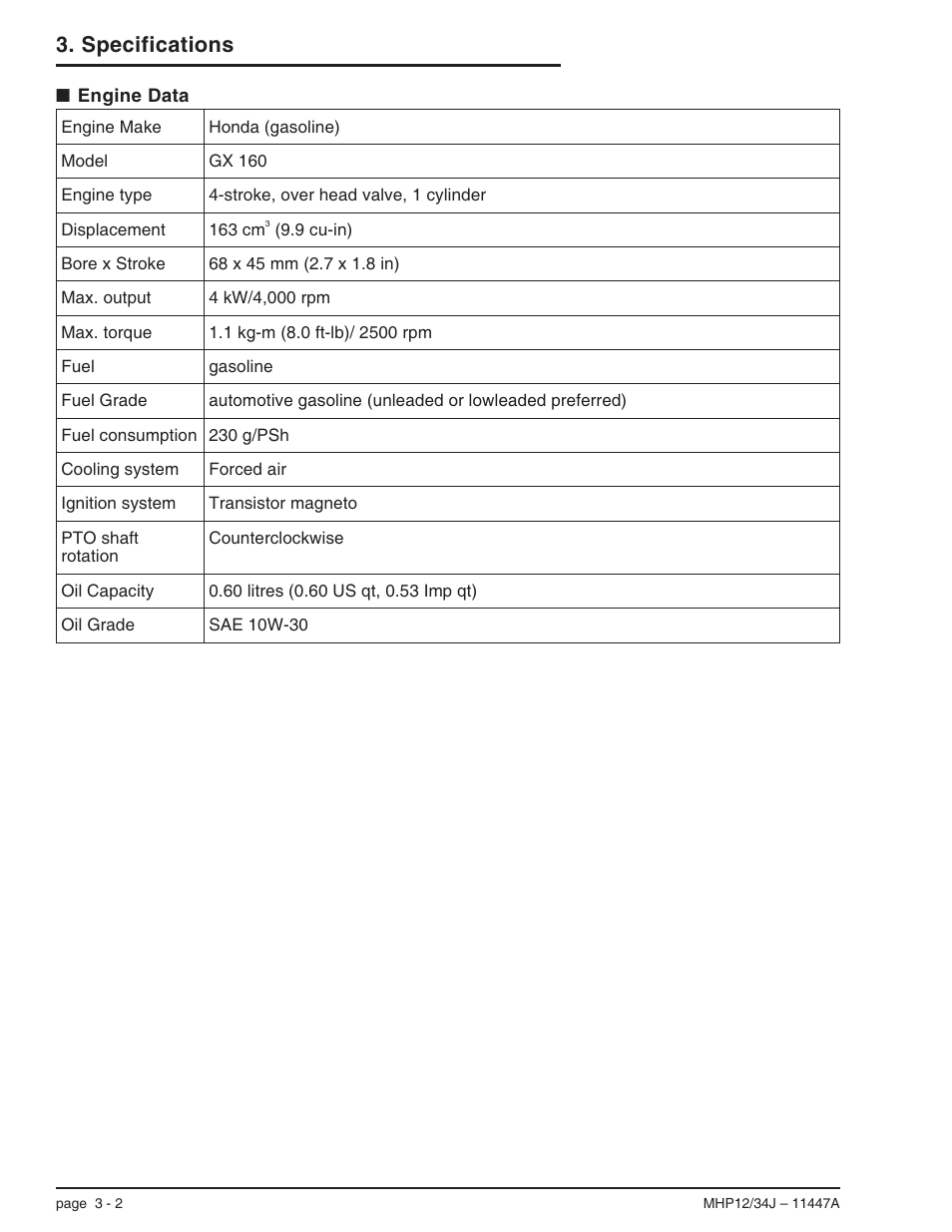 Engine data 3-2, Cooling system, 3-2, Displacement, 3-2 | Fuel, 3-2, Fuel consumption, 3-2, Fuel grade, 3-2, Ignition system, 3-2, Make, 3-2, Model, 3-2, Oil capacity, 3-2 | Snorkel MHP34J User Manual | Page 22 / 66