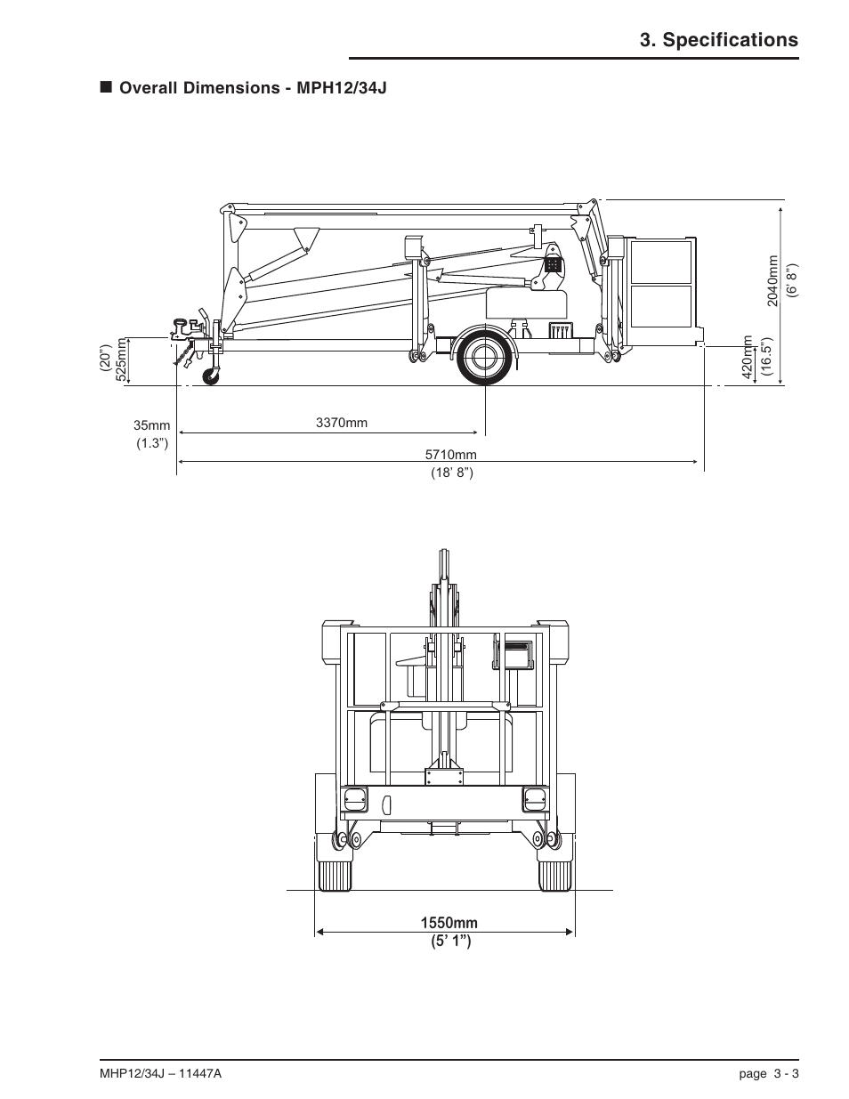 Overall dimensions - mph12/34j 3-3, Overall dimensions mhp12/34j, 3-3, Overall dimensions - mph12/34j -3 | Specifications, Overall dimensions - mph12/34j | Snorkel MHP34J User Manual | Page 23 / 66