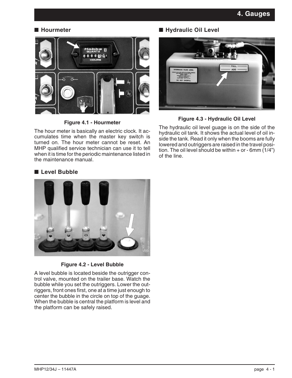 Gauges, Hourmeter 4-1, Level bubble 4-1 | Hydraulic oil level 4-1, Hourmeter, 4-1, Hydraulic oil level, 4-1, Level bubble, 4-1 | Snorkel MHP34J User Manual | Page 27 / 66