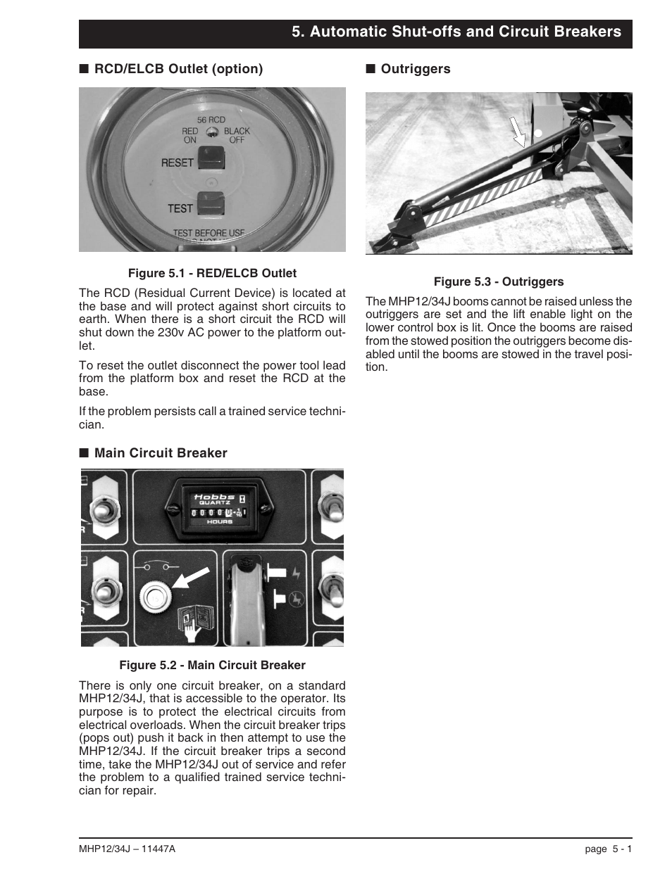 Automatic shut-offs and circuit breakers, Rcd/elcb outlet (option) 5-1, Main circuit breaker 5-1 | Outriggers 5-1, Main circuit breaker, 5-1, Outriggers, 5-1, Rcd/elcb outlet (option), 5-1 | Snorkel MHP34J User Manual | Page 29 / 66