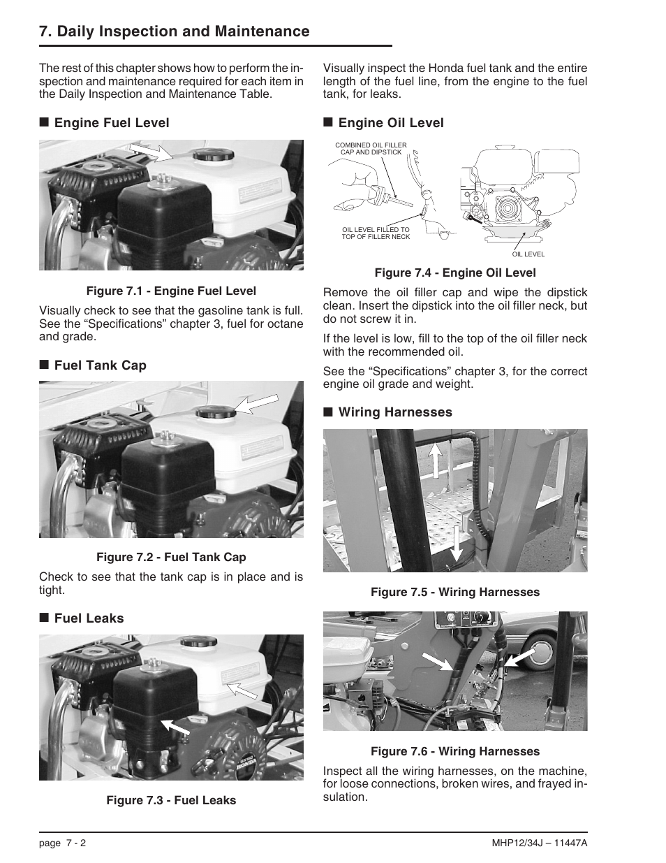Engine fuel level 7-2, Fuel tank cap 7-2, Fuel leaks 7-2 | Engine oil level 7-2, Wiring harnesses 7-2, Engine oil level, 7-2, Fuel leaks, 7-2, Fuel tank cap, 7-2, Wiring harnesses, 7-2, Loose connections, 7-2 | Snorkel MHP34J User Manual | Page 38 / 66