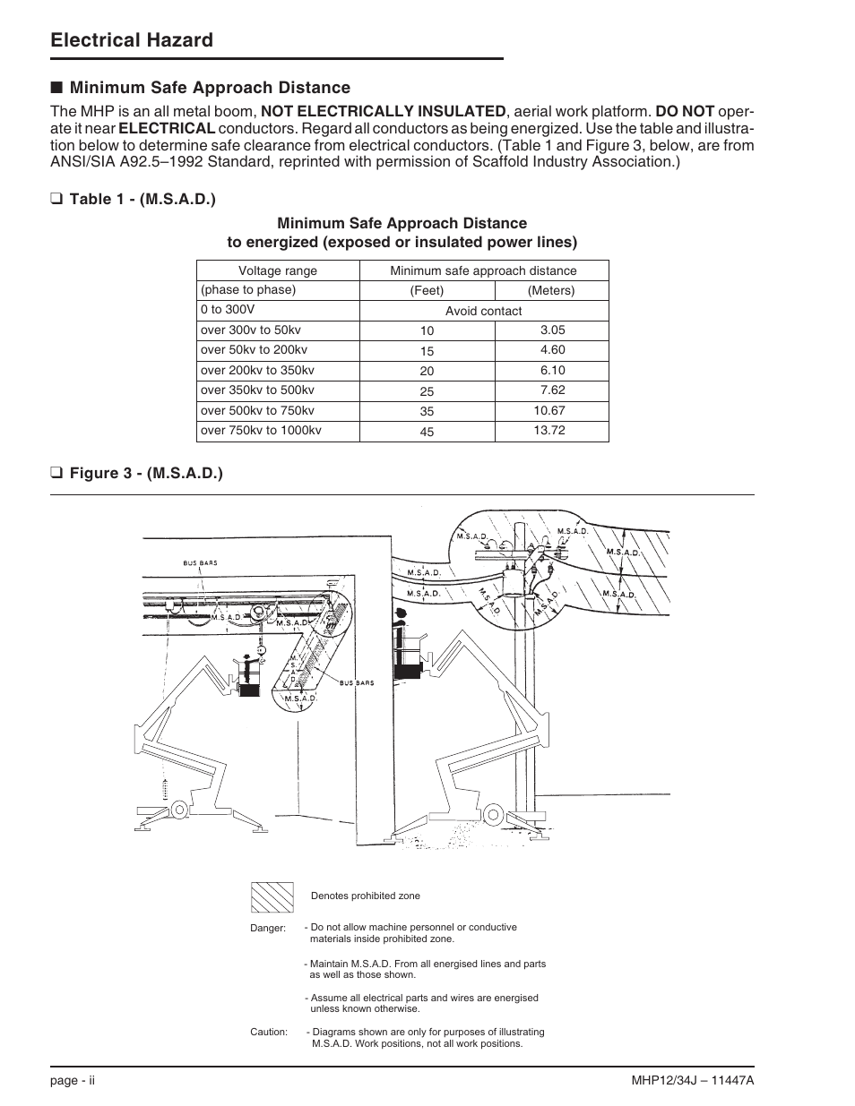 Minimum safe approach distance ii, Table 1 - (m.s.a.d.) ii, Figure 3 - (m.s.a.d.) ii | Electrical hazard | Snorkel MHP34J User Manual | Page 4 / 66