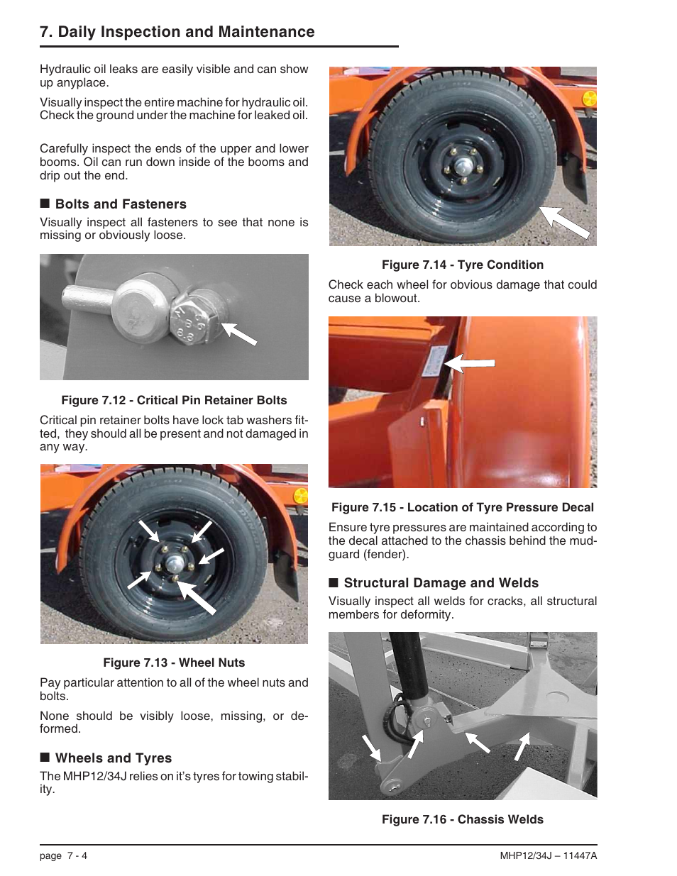 Bolts and fasteners 7-4, Wheels and tyres 7-4, Structural damage and welds 7-4 | Bolts and fasteners, 7-4, Structural damage and welds, 7-4, Wheels and tyres, 7-4, Daily inspection and maintenance | Snorkel MHP34J User Manual | Page 40 / 66