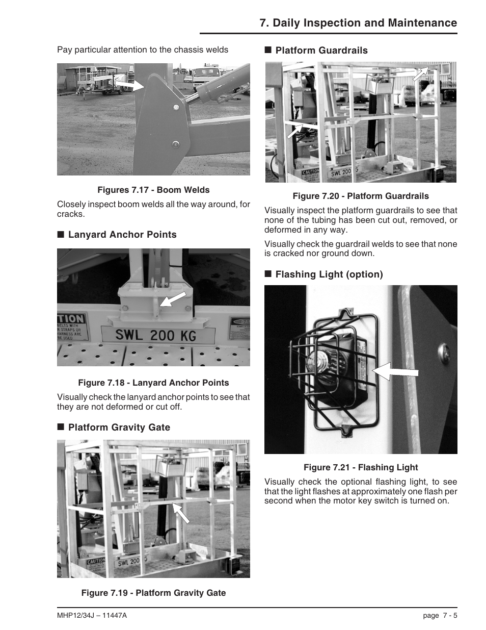 Lanyard anchor points 7-5, Platform gravity gate 7-5, Platform guardrails 7-5 | Flashing light (option) 7-5, Flashing light, 7-5, Light flashing, 7-5, Lanyard anchor points, 7-5, Boom welds, 7-5, Daily inspection and maintenance | Snorkel MHP34J User Manual | Page 41 / 66