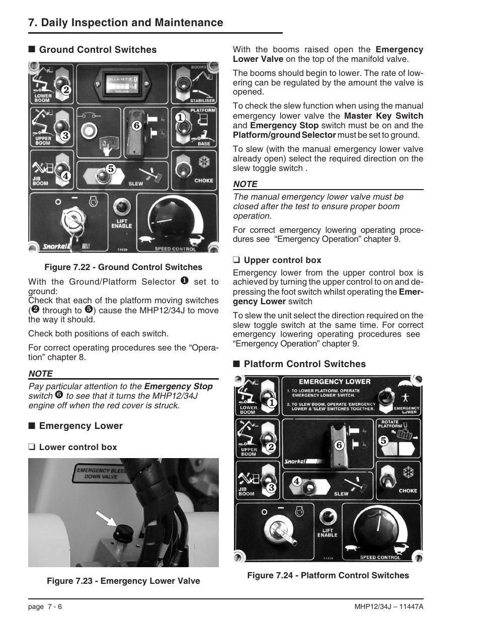 Ground control switches 7-6, Emergency lower 7-6, Lower control box 7-6 | Upper control box 7-6, Platform control switches 7-6, Emergency lower, 7-6, Lower control box, 7-6, Ground control switches -6 emergency lower -6, Lower control box -6 upper control box -6, Platform control switches -6 | Snorkel MHP34J User Manual | Page 42 / 66
