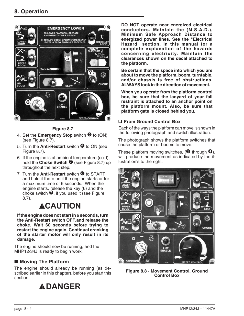 Moving the platform 8-4, From ground control box 8-4, Moving the platform, 8-4 | Moving the platform -4, From ground control box -4, Danger caution, Operation | Snorkel MHP34J User Manual | Page 48 / 66