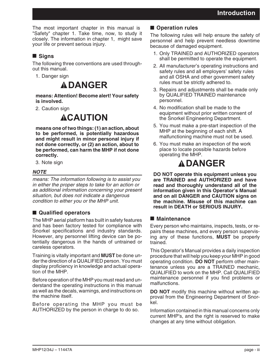 Introduction, Signs iii, Qualified operators iii | Operation rules iii, Maintenance iii, Danger caution danger | Snorkel MHP34J User Manual | Page 5 / 66