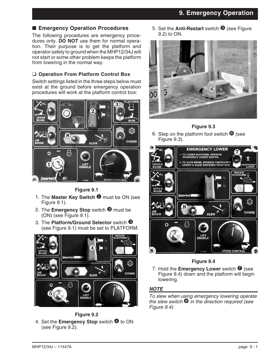 Emergency operation, Emergency operation procedures 9-1, Operation from platform control box 9-1 | Emergency operation, 9-1, Operation from platform control box, 9-1, Procedures, 9-1, Emergency operation procedures -1, Operation from platform control box -1 | Snorkel MHP34J User Manual | Page 51 / 66