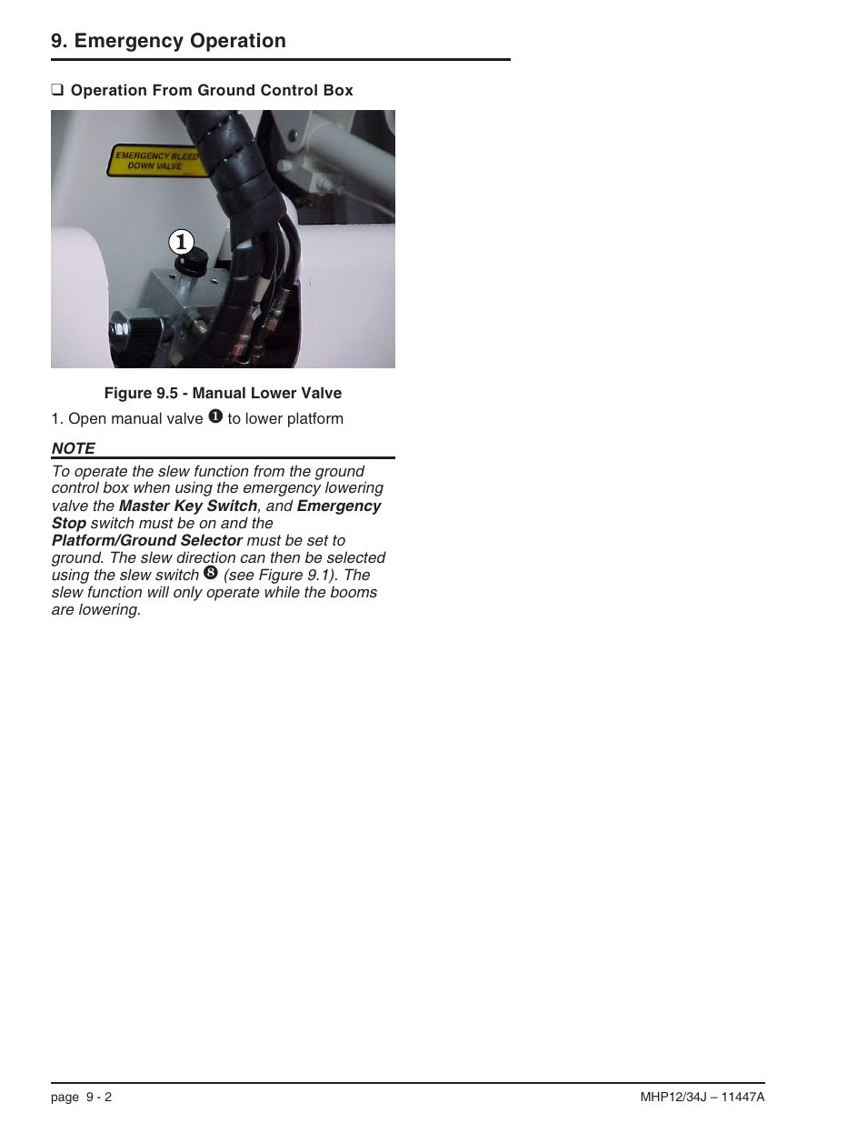Operation from ground control box 9-2, Operation from ground control box, 9-2, Operation from ground control box -2 | Emergency operation | Snorkel MHP34J User Manual | Page 52 / 66