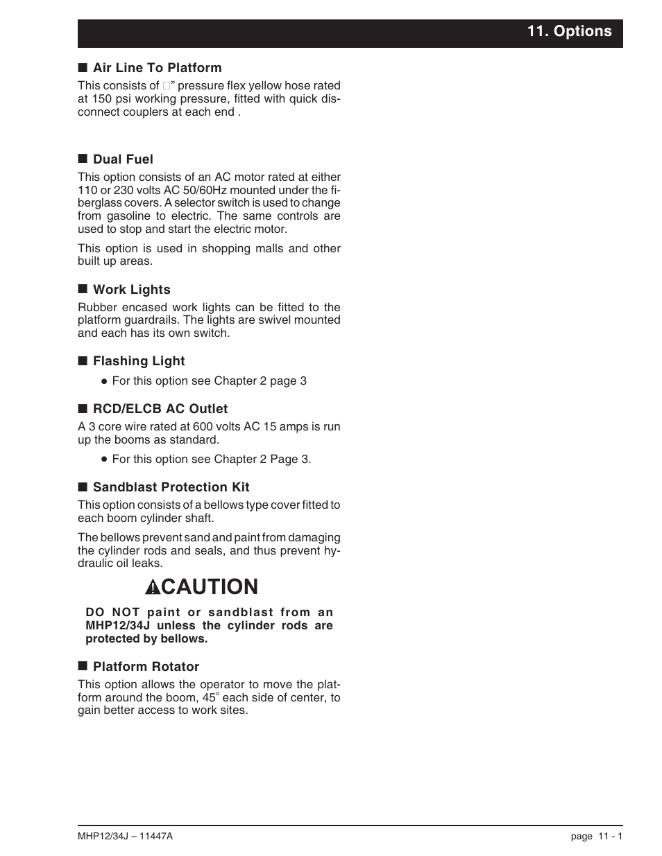 Options, Air line to platform 11-1, Dual fuel 11-1 | Work lights 11-1, Flashing light 11-1, Rcd/elcb ac outlet 11-1, Sandblast protection kit 11-1, Platform rotator 11-1, Caution | Snorkel MHP34J User Manual | Page 55 / 66