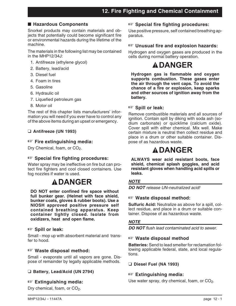 Fire fighting and chemical containment, Hazardous components 12-1, Battery, lead/acid (un 2794) 12-1 | Hazardous components, 12-1, Battery, lead/acid (un 2794), 12-1, Hazardous components -1, Battery, lead/acid (un 2794) -1, Danger | Snorkel MHP34J User Manual | Page 57 / 66