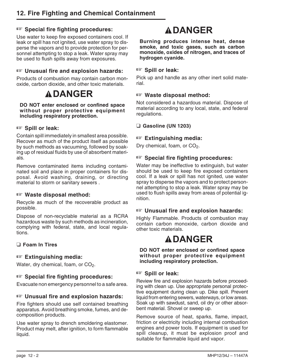 Gasoline (un 1203) 12-2, Gasoline (un 1203), 12-2, Gasoline (un 1203) -2 | Danger | Snorkel MHP34J User Manual | Page 58 / 66