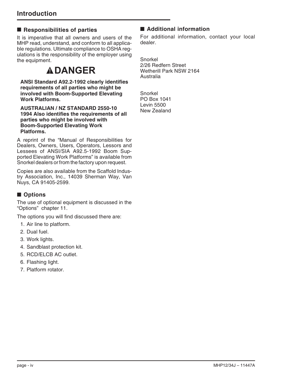 Responsibilities of parties iv, Options iv, Additional information iv | Danger, Introduction | Snorkel MHP34J User Manual | Page 6 / 66