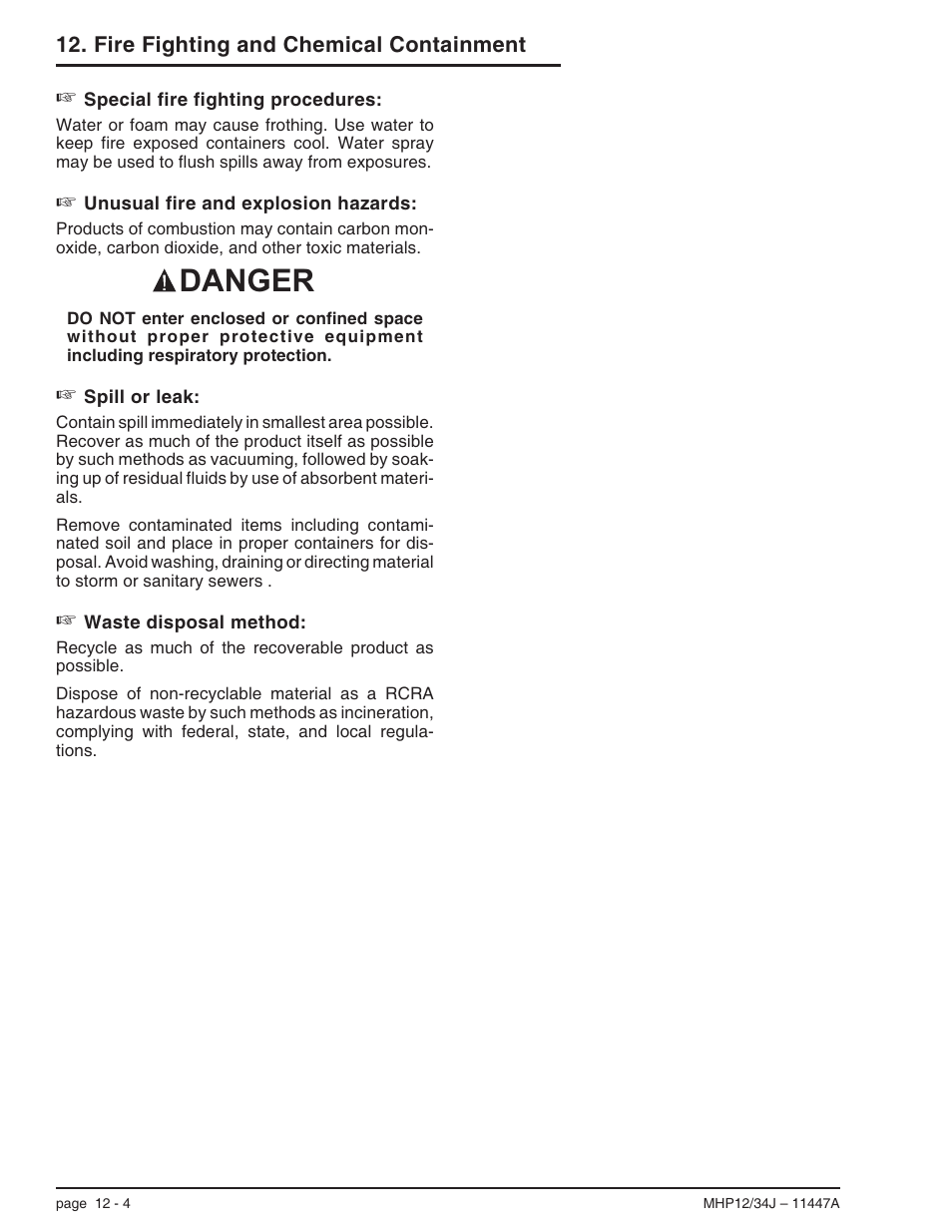 Motor oil (un 1270) 12-4, Motor oil (un 1270) , 12-4, Motor oil (un 1270) -4 | Danger | Snorkel MHP34J User Manual | Page 60 / 66