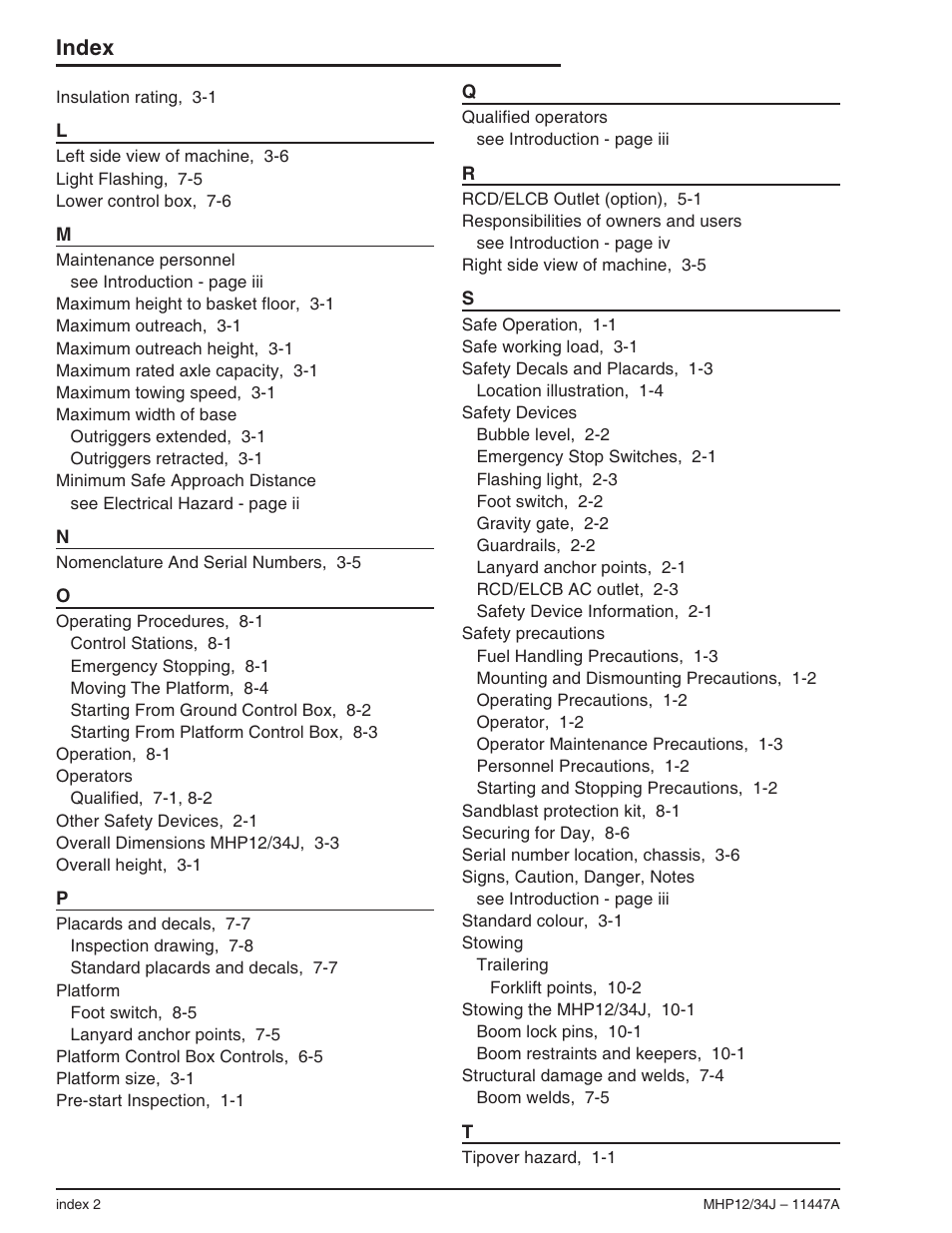 Index | Snorkel MHP34J User Manual | Page 64 / 66