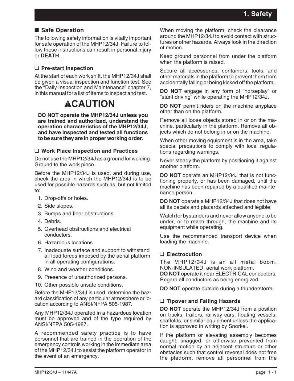Safety, Safe operation 1-1, Pre-start inspection 1-1 | Work place inspection and practices 1-1, Electrocution 1-1, Tipover and falling hazards 1-1, Electrocution, 1-1, 8-1, Falling hazards, 1-1, Pre-start inspection, 1-1, Safe operation, 1-1 | Snorkel MHP34J User Manual | Page 9 / 66