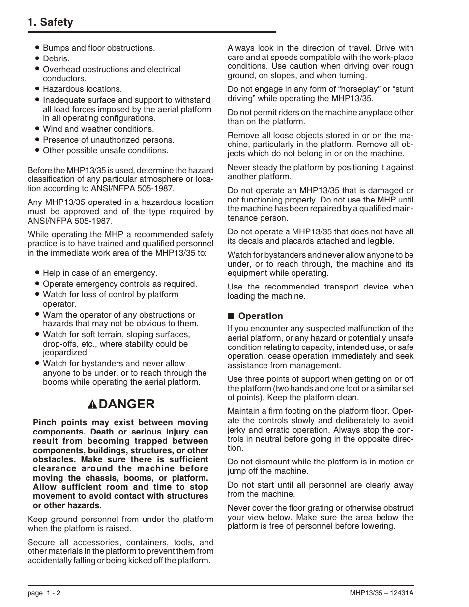 Operation 1-2, Operation -2, Danger | Safety | Snorkel MHP35 User Manual | Page 10 / 62