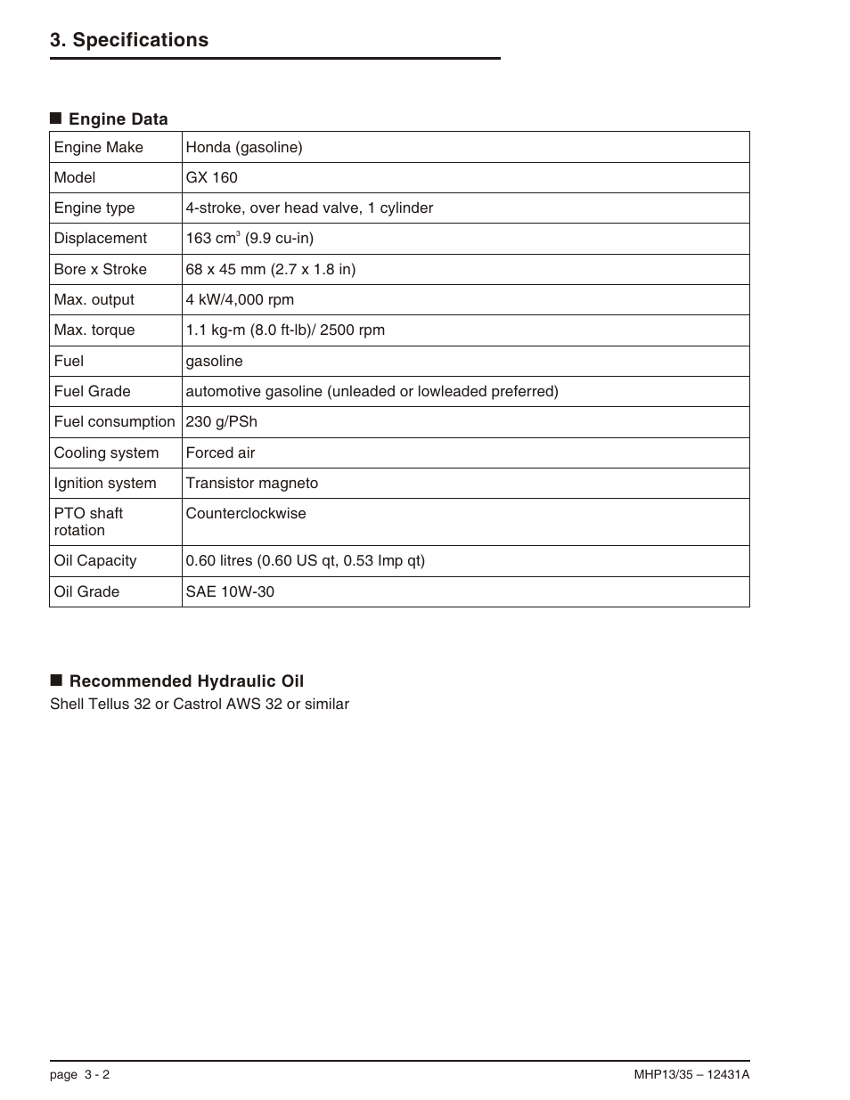 Recommended hydraulic oil 3-2, Engine data 3-2, Cooling system, 3-2 | Displacement, 3-2, Fuel, 3-2, Fuel consumption, 3-2, Fuel grade, 3-2, Ignition system, 3-2, Make, 3-2, Model, 3-2 | Snorkel MHP35 User Manual | Page 21 / 62