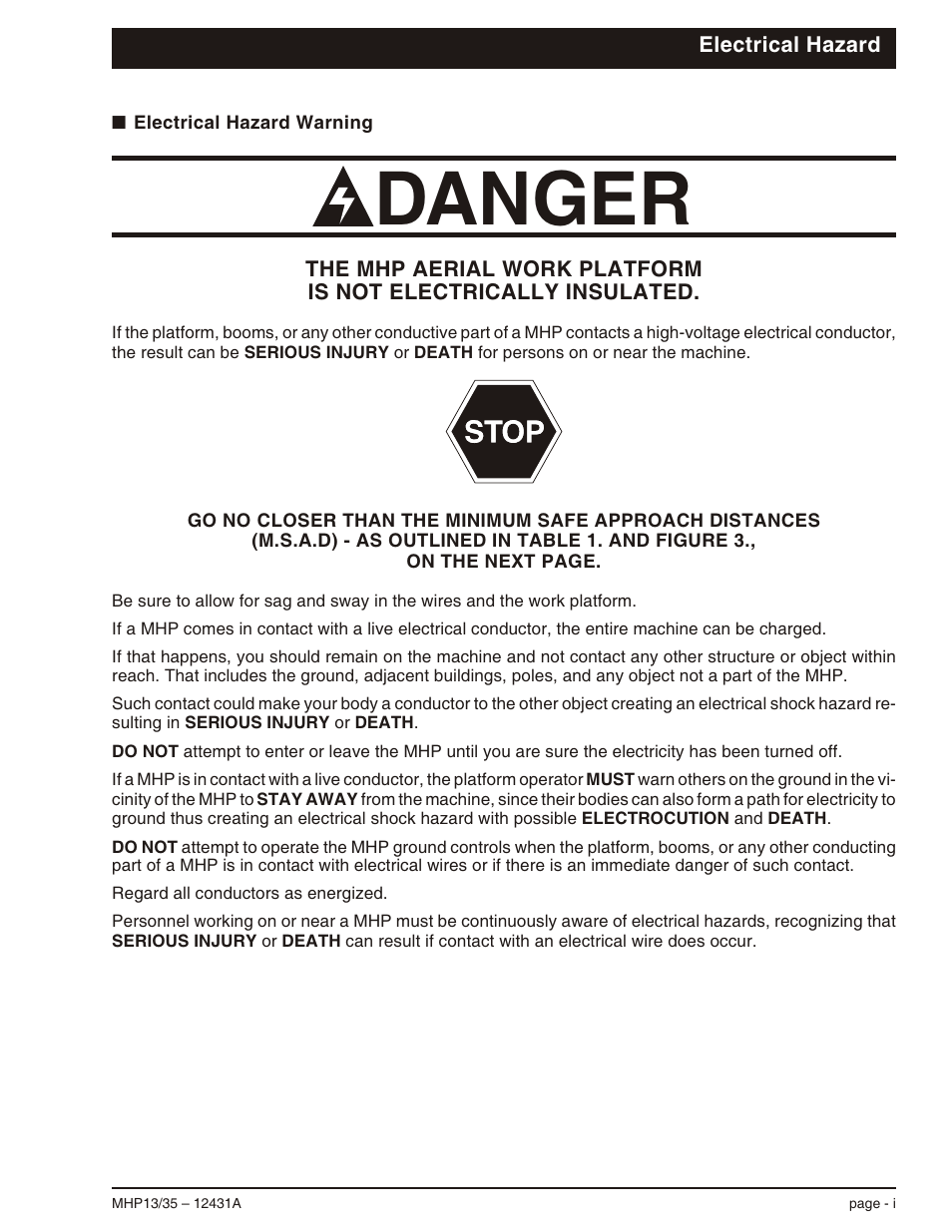 Electrical hazard, Electrical hazard warning i, Danger | Snorkel MHP35 User Manual | Page 3 / 62