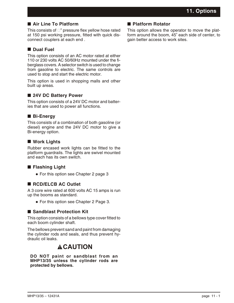 Options, Air line to platform 11-1, Dual fuel 11-1 | 24v dc battery power 11-1, Bi-energy 11-1, Work lights 11-1, Flashing light 11-1, Rcd/elcb ac outlet 11-1, Sandblast protection kit 11-1, Platform rotator 11-1 | Snorkel MHP35 User Manual | Page 51 / 62