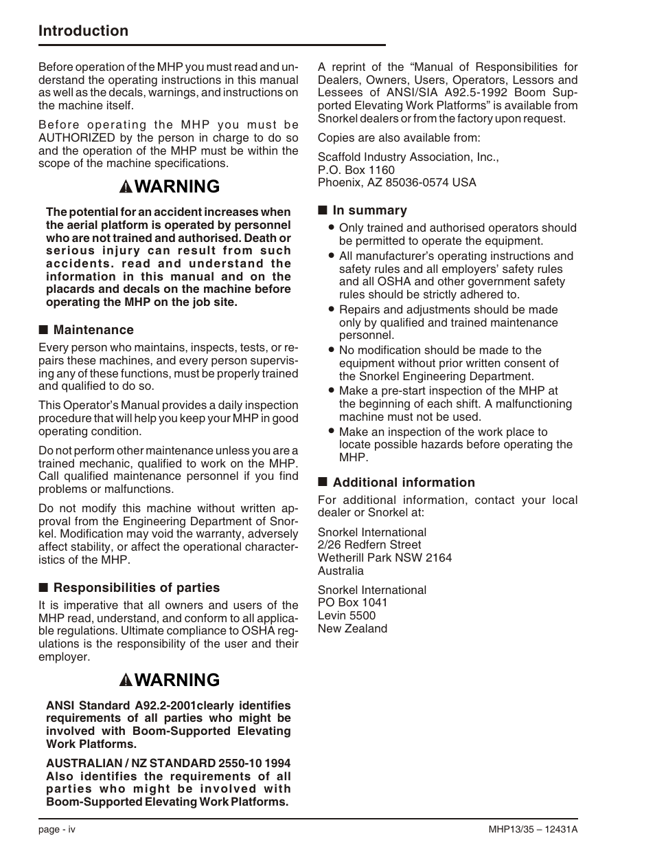 Maintenance iv, Responsibilities of parties iv, In summary iv | Additional information iv, Warning, Introduction | Snorkel MHP35 User Manual | Page 6 / 62